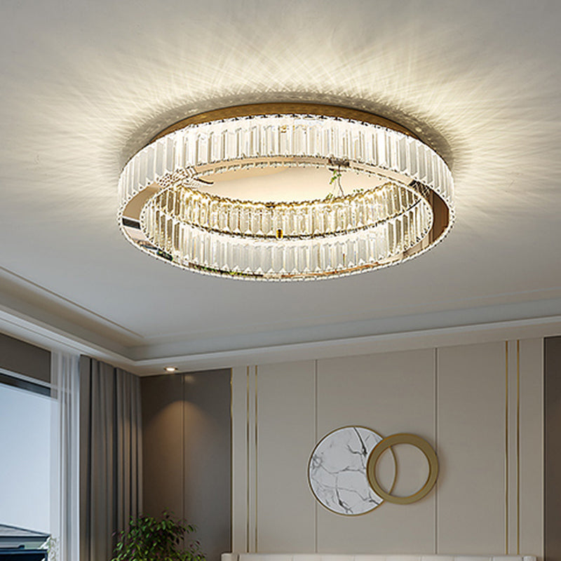 Plafonnier LED de luxe moderne, montage circulaire en acier inoxydable avec abat-jour en cristal