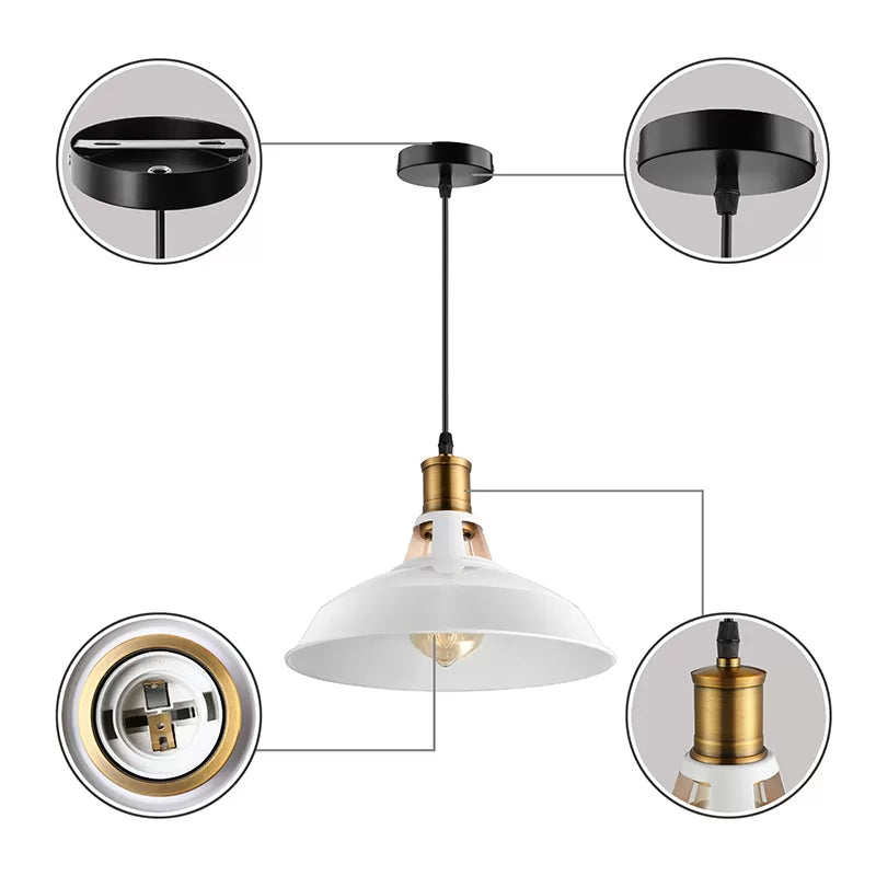 10.5"/12"/15" W 1 Light Hanging Light with Barn Shade Iron Farmhouse Style Dining Room Ceiling Light Fixture in Black/White/White Inner