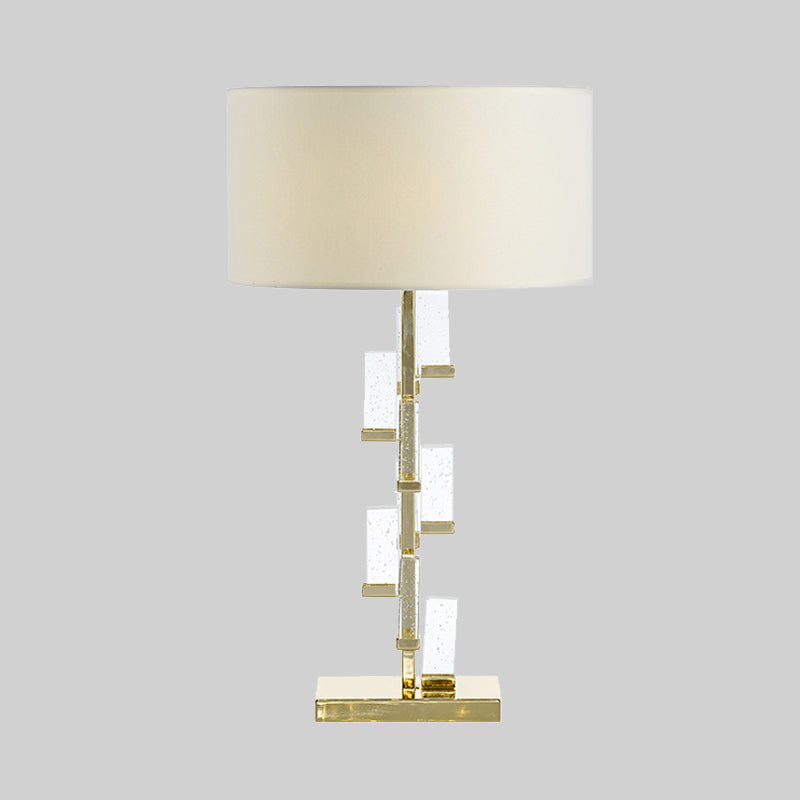 White Drum Shade Crystal Table Light Simplicity 1 Bulb Fabric Small Desk Lamp for Bedside