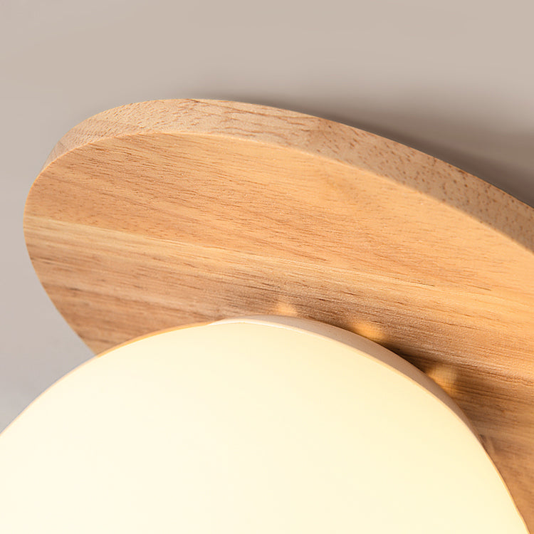 Plafonnier globe en bois à montage encastré concis et moderne avec abat-jour en verre blanc