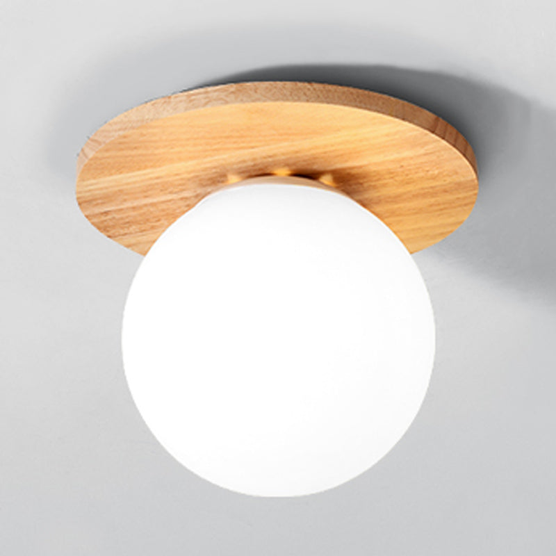 Plafonnier globe en bois à montage encastré concis et moderne avec abat-jour en verre blanc