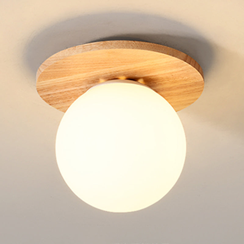 Plafonnier globe en bois à montage encastré concis et moderne avec abat-jour en verre blanc