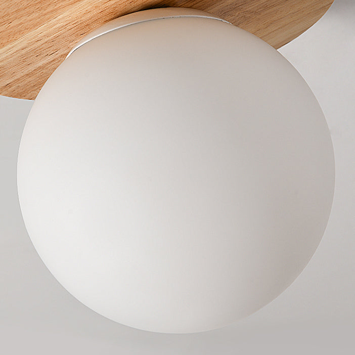 Plafonnier globe en bois à montage encastré concis et moderne avec abat-jour en verre blanc