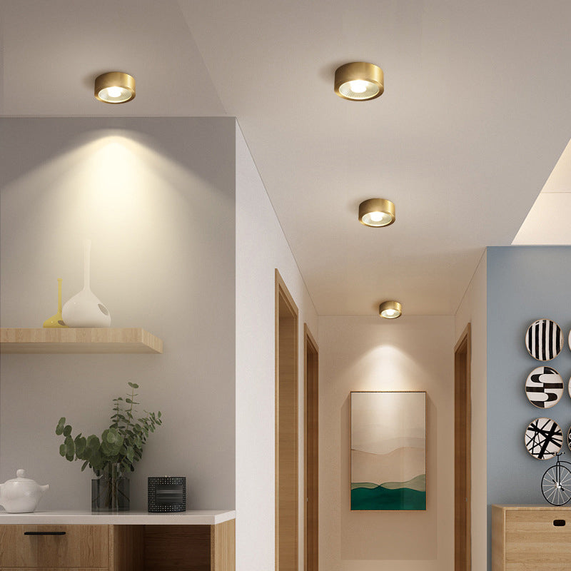 Plafonnier LED en forme de cylindre moderne en cuivre à 1 lumière encastré pour couloir et salon