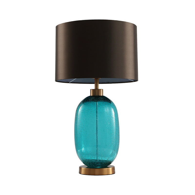 Lampada da lettura a 1 testa in tessuto modernista con lampada da lavoro a tamburo affusolato in marrone con base ovale in cristallo smaltato blu