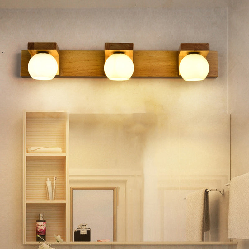 Wood Ball Mirror Wall Light Modern Multi Lights Wall Mounted Light Fixture in Brown