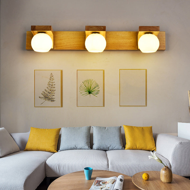 Wood Ball Mirror Wall Light Modern Multi Lights Wall Mounted Light Fixture in Brown