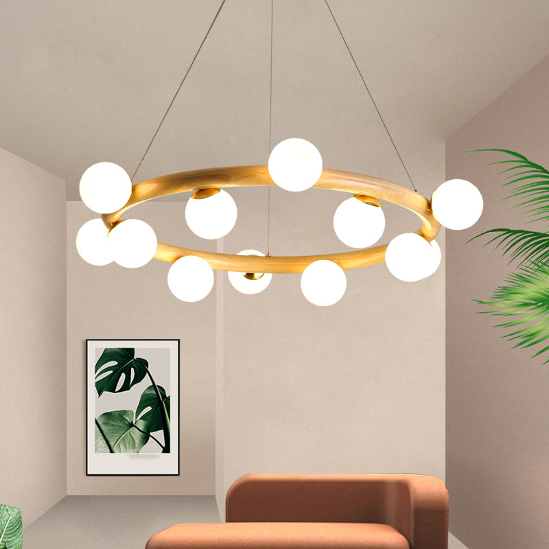 Modern Creative Chandelier Wooden Globe Pendant Light with White Glass Shade