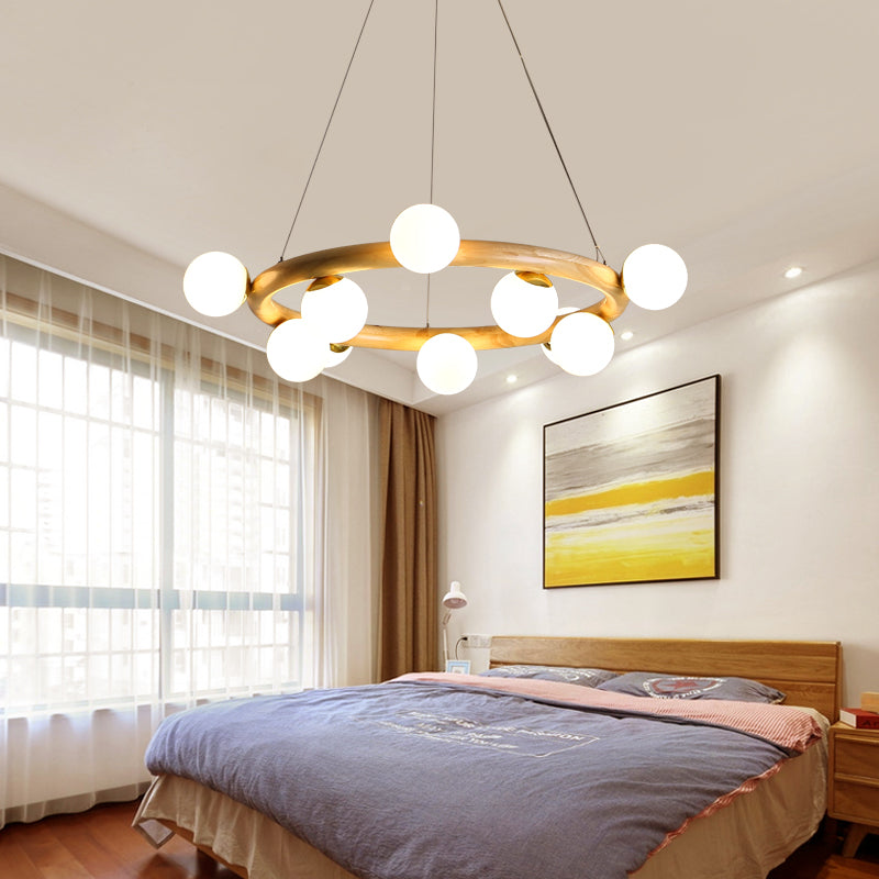 Modern Creative Chandelier Wooden Globe Pendant Light with White Glass Shade