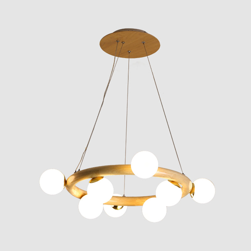 Modern Creative Chandelier Wooden Globe Pendant Light with White Glass Shade