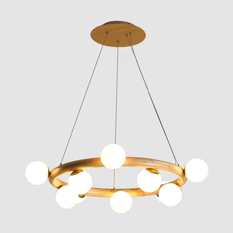 Modern Creative Chandelier Wooden Globe Pendant Light with White Glass Shade