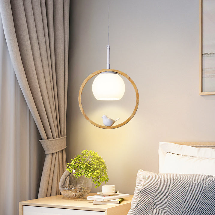 Modern Artistic Single Hanging Lamp Wooden Globe Pendant Light with White Glass Shade
