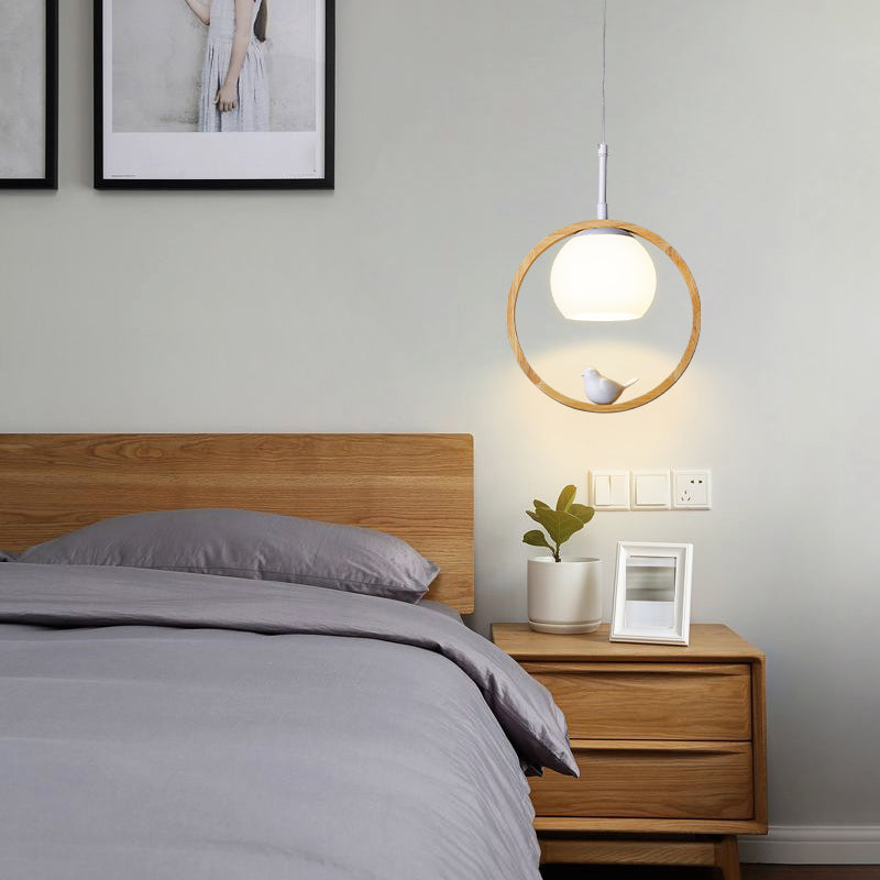 Moderne artistieke single hanging lamp houten bol hanglamp met witte glazen schaduw