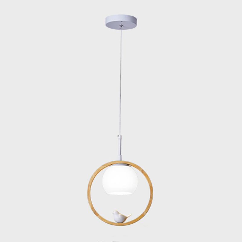 Moderne artistieke single hanging lamp houten bol hanglamp met witte glazen schaduw
