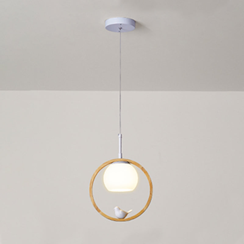 Moderne artistieke single hanging lamp houten bol hanglamp met witte glazen schaduw