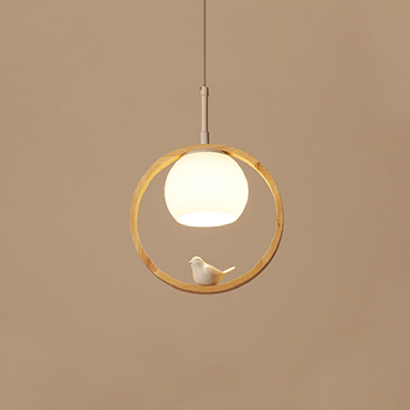 Moderne artistieke single hanging lamp houten bol hanglamp met witte glazen schaduw