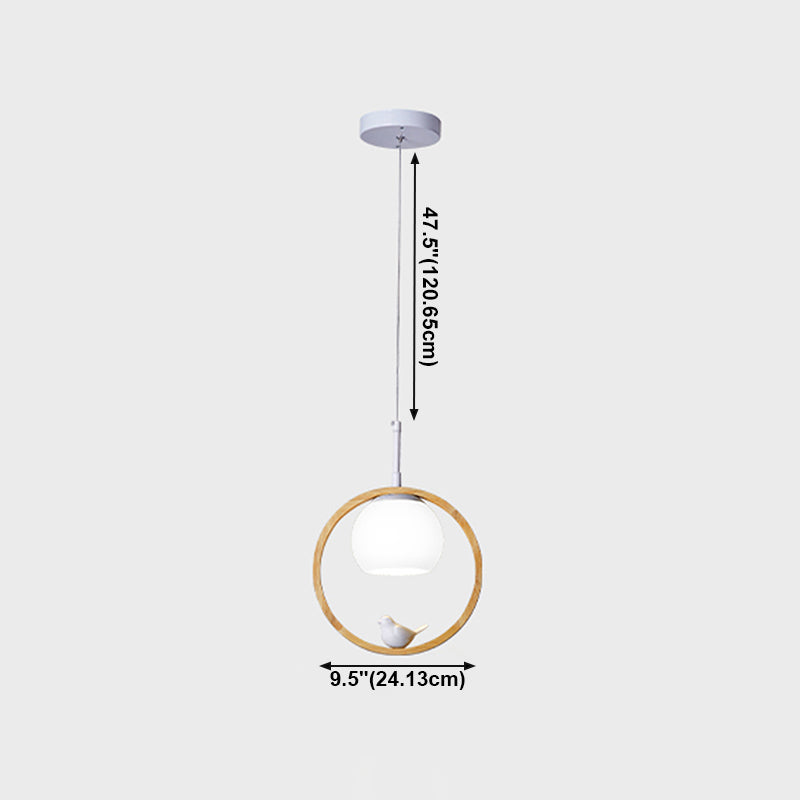 Modern Artistic Single Hanging Lamp Wooden Globe Pendant Light with White Glass Shade