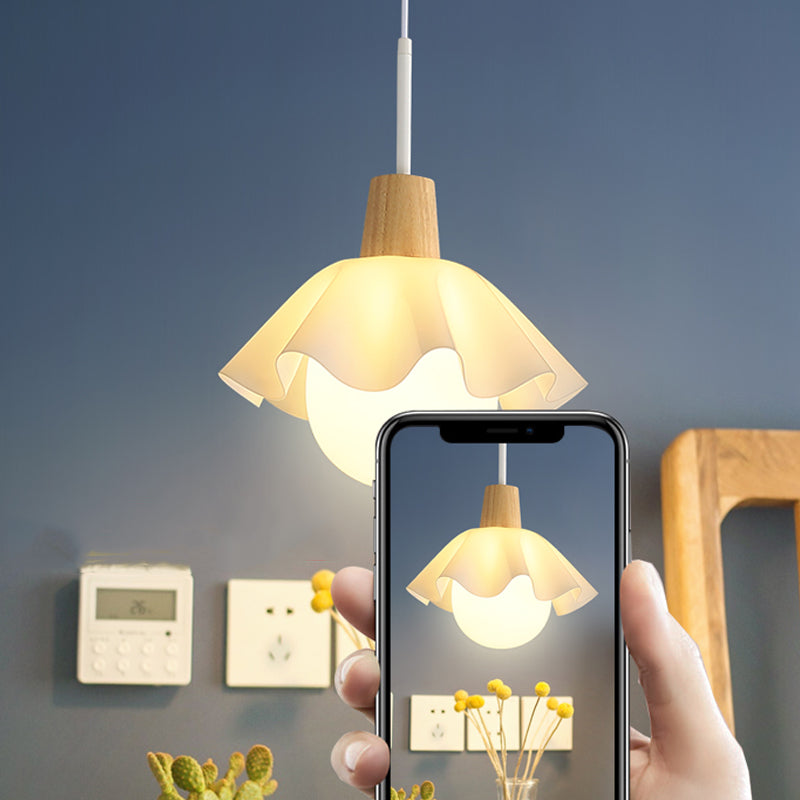 Witte bol hanglamp in moderne beknopte stijl houten binnenhangende lamp met glazen schaduw