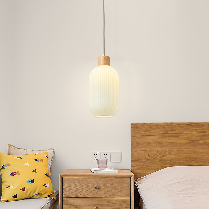 Lampe à suspension géométrique en bois léger créatif moderne avec une teinte en verre blanche