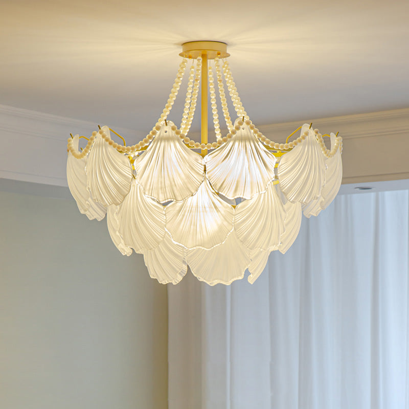 Nordic Shell Shape Chandelier Glass Multi Light Hanging Light in White for Bedroom