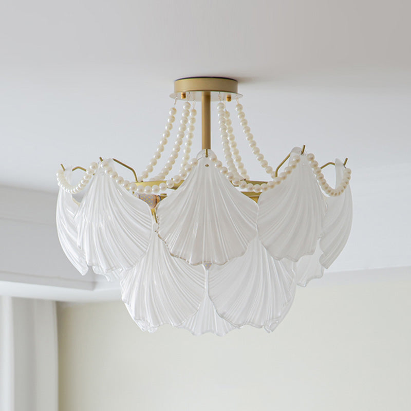 Nordic Shell Shape Chandelier Glass Multi Light Hanging Light in White for Bedroom