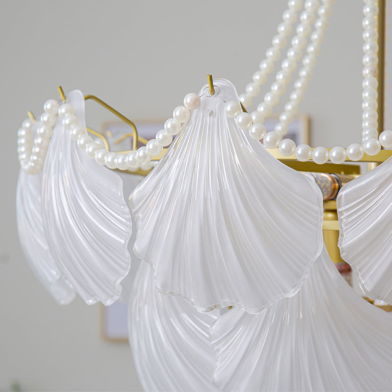 Nordic Shell Shape Chandelier Glass Multi Light Hanging Light in White for Bedroom