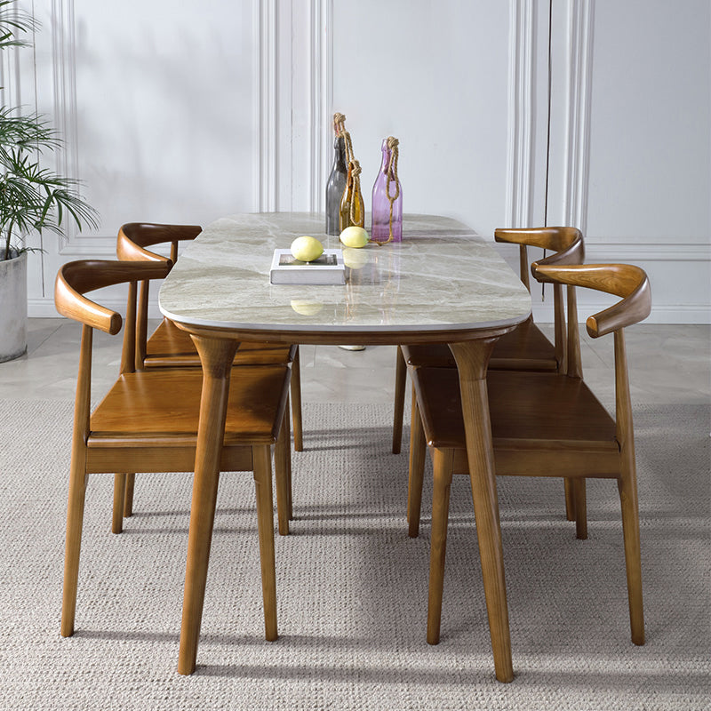 Mesa rectangular moderna de mediados de siglo Mesa de piedra sinterizada con 4 patas base de madera