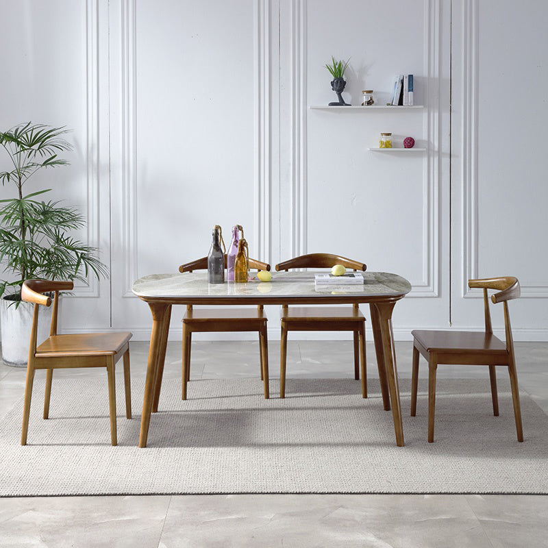 Mesa rectangular moderna de mediados de siglo Mesa de piedra sinterizada con 4 patas base de madera