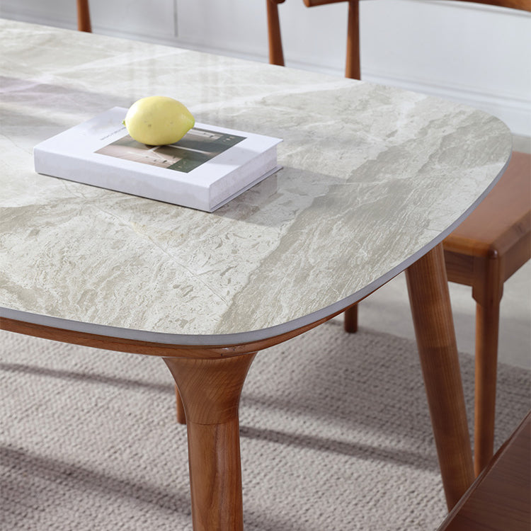 Mesa rectangular moderna de mediados de siglo Mesa de piedra sinterizada con 4 patas base de madera