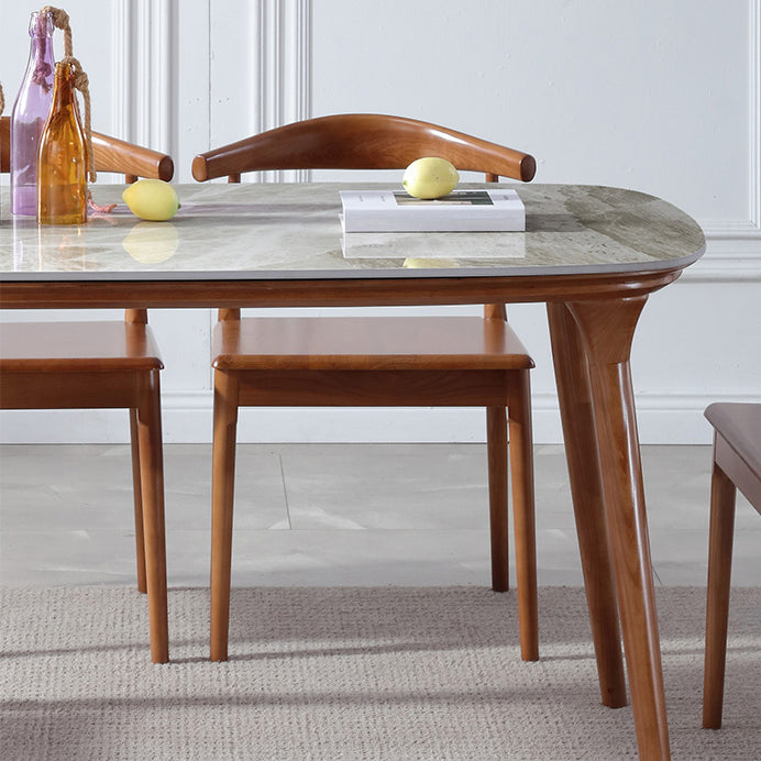 Mesa rectangular moderna de mediados de siglo Mesa de piedra sinterizada con 4 patas base de madera