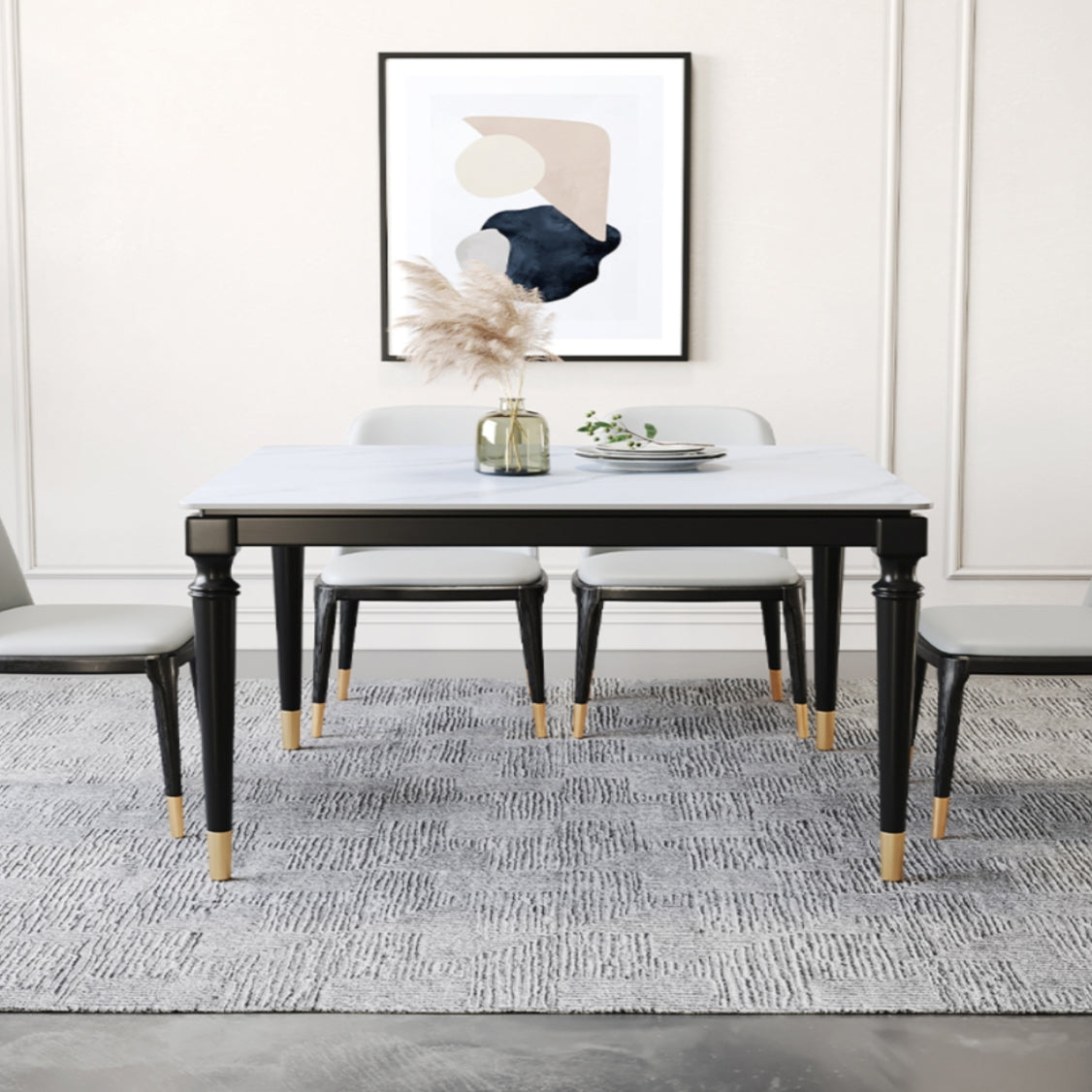 Solid Wood Mid-Century Modern Table White Sintered Stone Table with 4 Legs