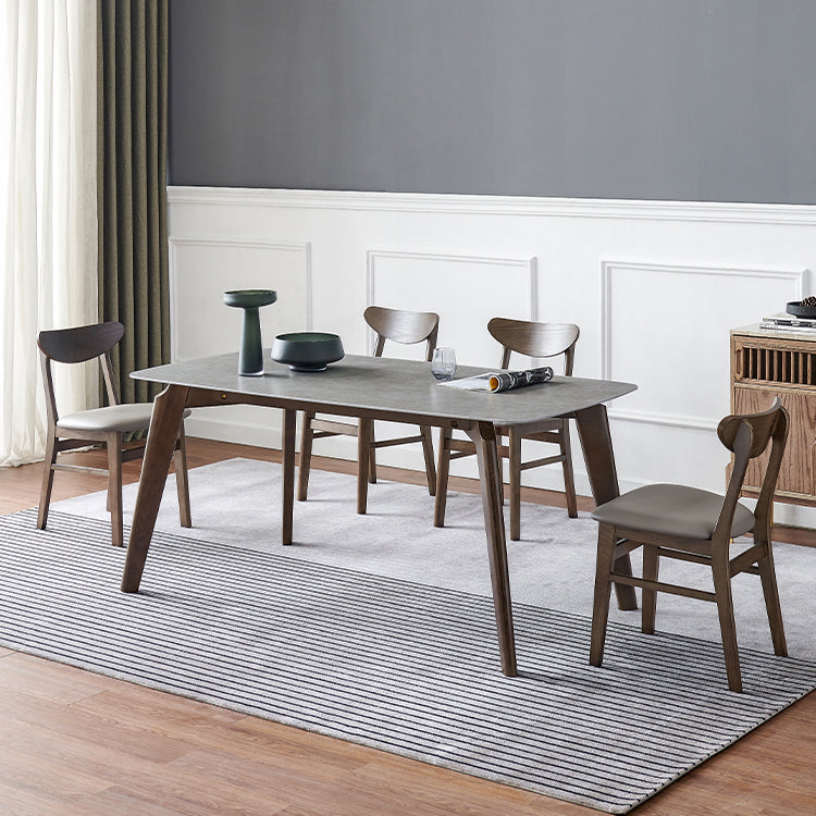 Mid-Century Modern Rectangle Table Grey Sintered Stone Table with 4 Ash Solid Wood Legs