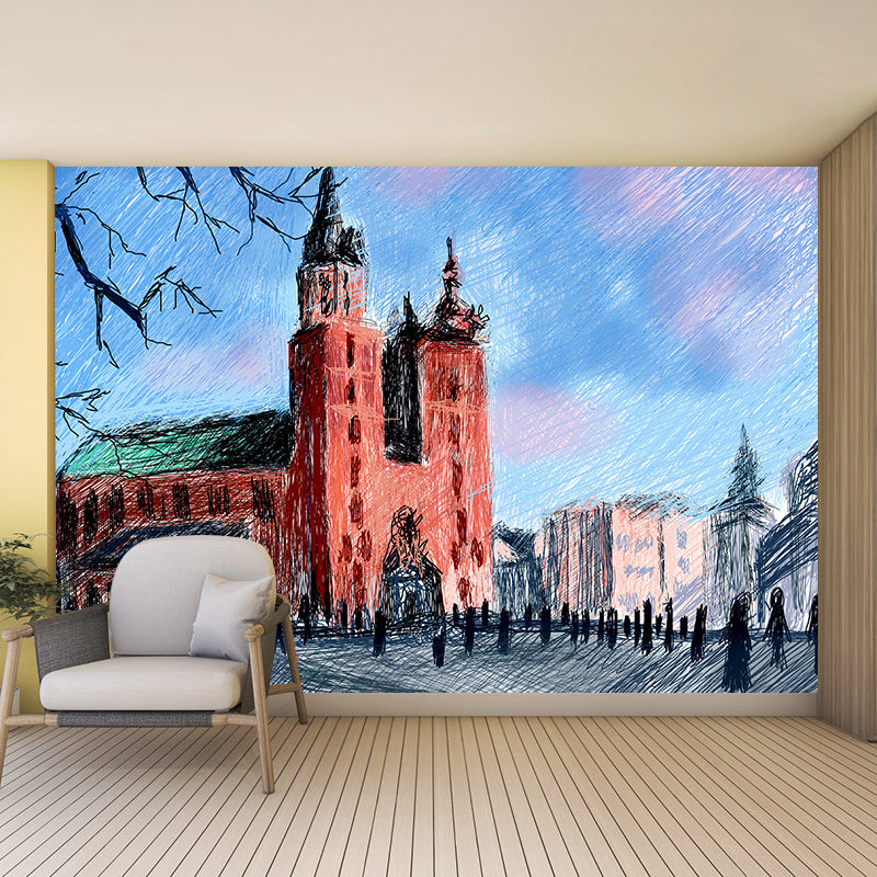 Building Illustration Mural Personalized Size Wall Covering for Meeting Room