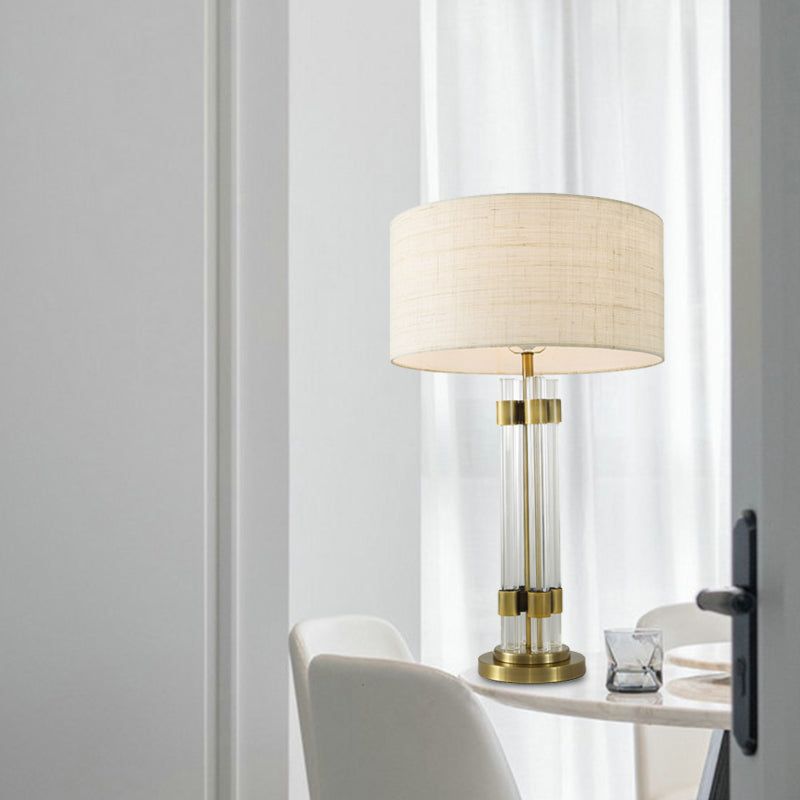 Lampada da scrivania in cristallo bianco a tamburo Lampada da tavolo moderna in tessuto a 1 lampadina per soggiorno