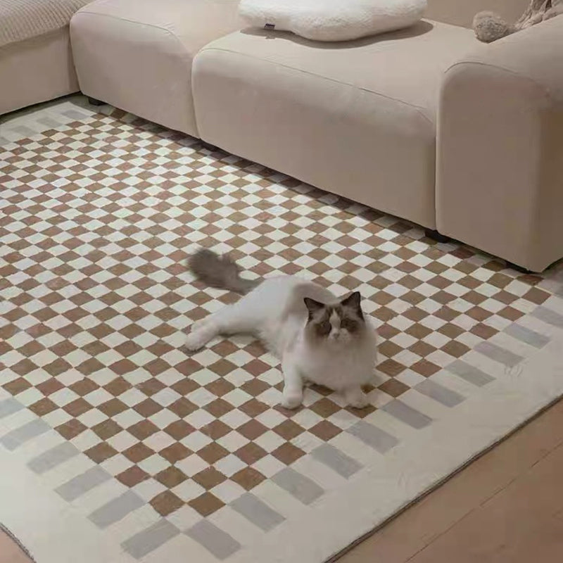 Brown Grid Carpet Polyester Simple Carpet Stain Resistant Area Carpet for Living Room