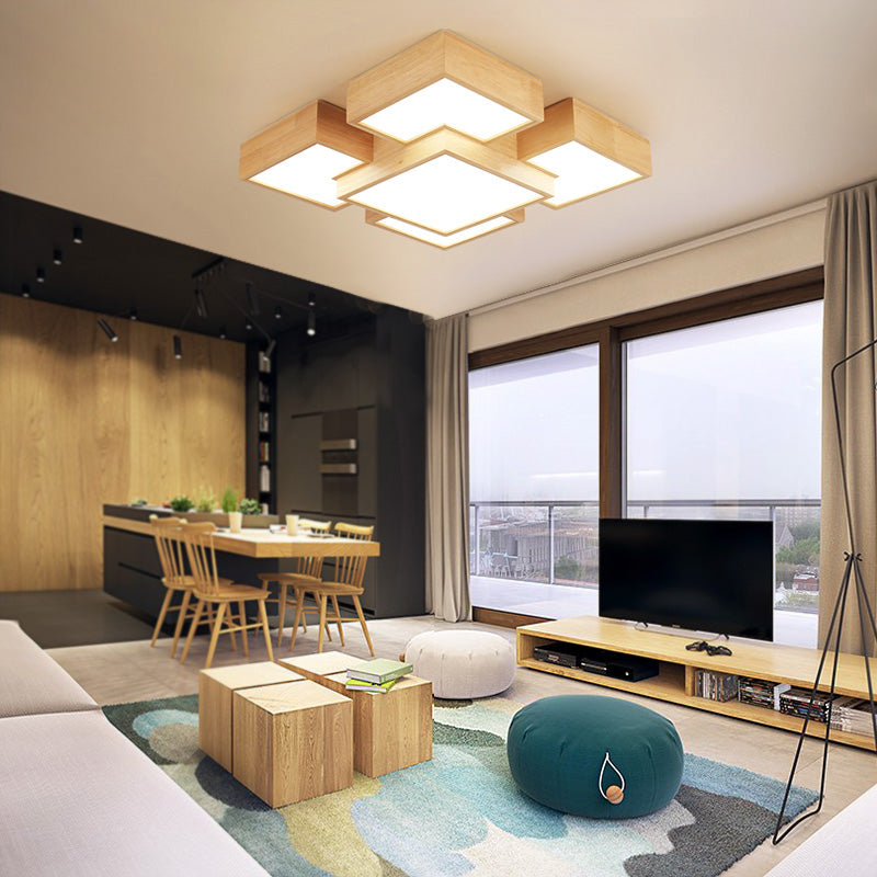 Wooden Flush Mount Ceiling Lighting Fixture Modern Multi-head LED Ceiling Light