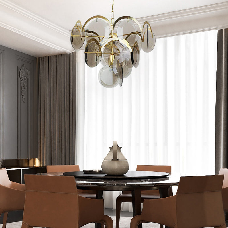 Nordic Chandelier Metal Hanging Light with Smoke Grey Glass for Bedroom