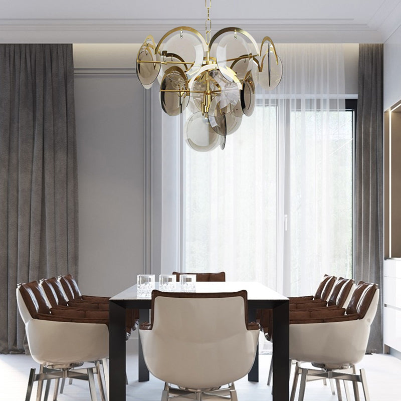 Nordic Chandelier Metal Hanging Light with Smoke Grey Glass for Bedroom