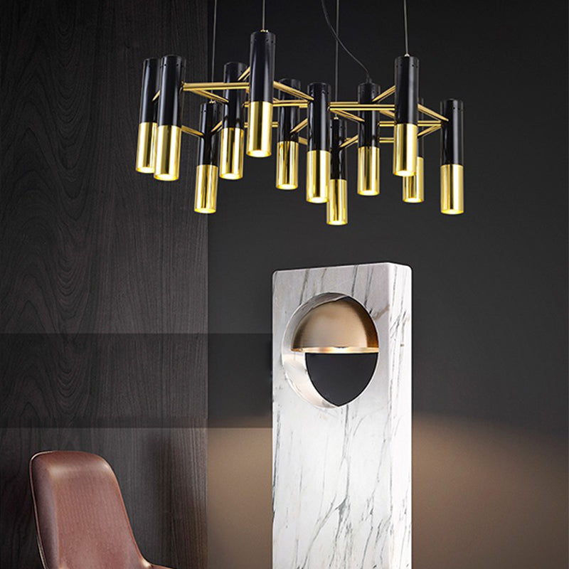 Postmodern Black-Gold Chandelier Metal Tubular Living Room Suspension Light