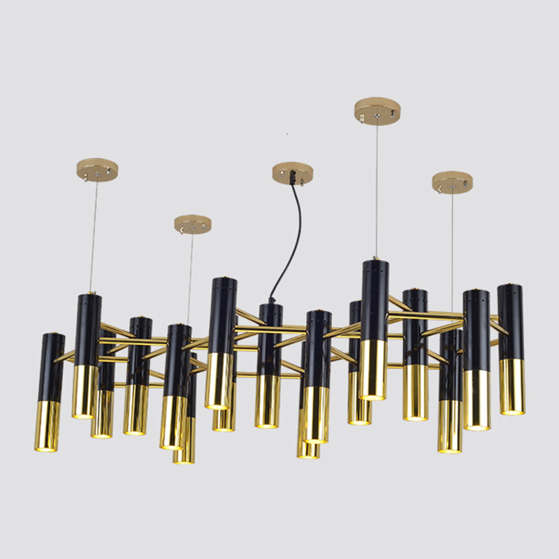 Postmodern Black-Gold Chandelier Metal Tubular Living Room Suspension Light