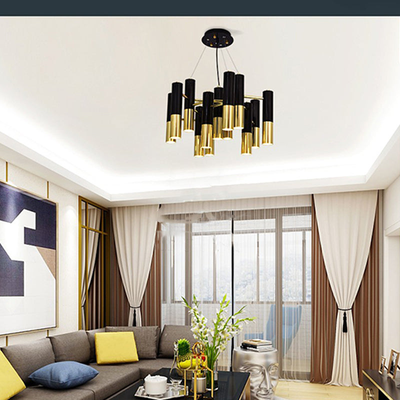 Postmodern Black-Gold Chandelier Metal Tubular Living Room Suspension Light