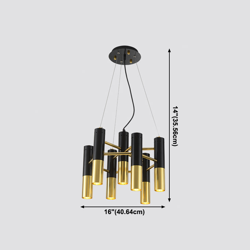 Postmodern Black-Gold Chandelier Metal Tubular Living Room Suspension Light