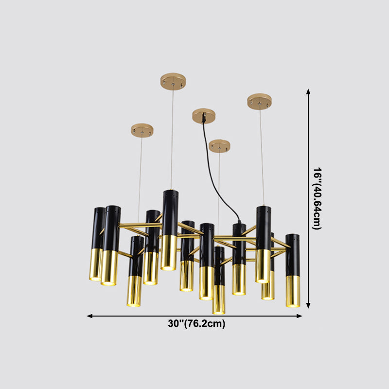 Postmodern Black-Gold Chandelier Metal Tubular Living Room Suspension Light