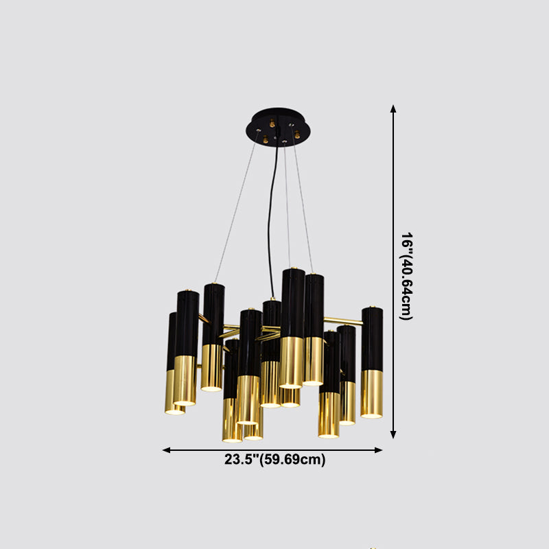 Postmodern Black-Gold Chandelier Metal Tubular Living Room Suspension Light