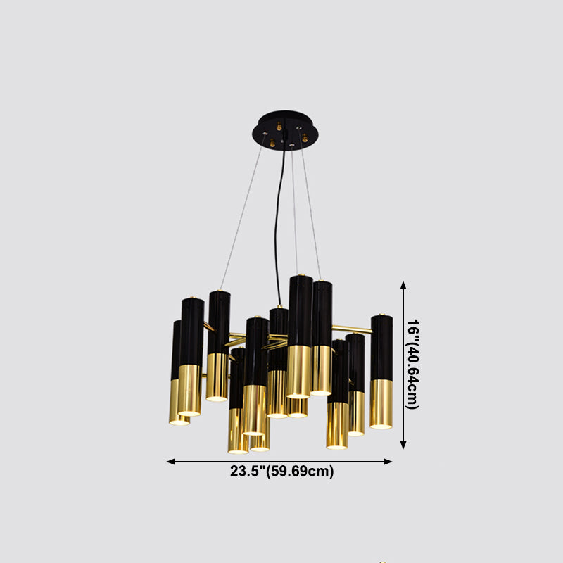 Postmodern Black-Gold Chandelier Metal Tubular Living Room Suspension Light