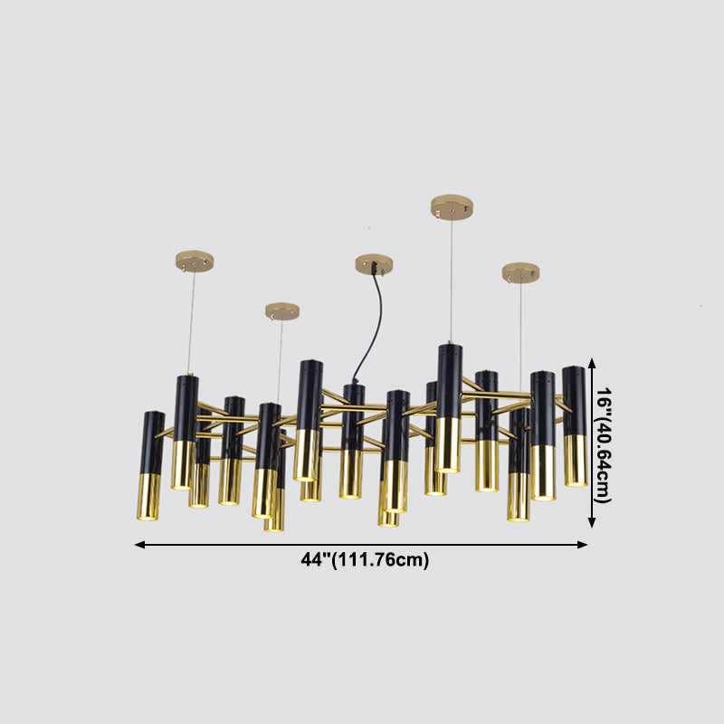 Postmodern Black-Gold Chandelier Metal Tubular Living Room Suspension Light