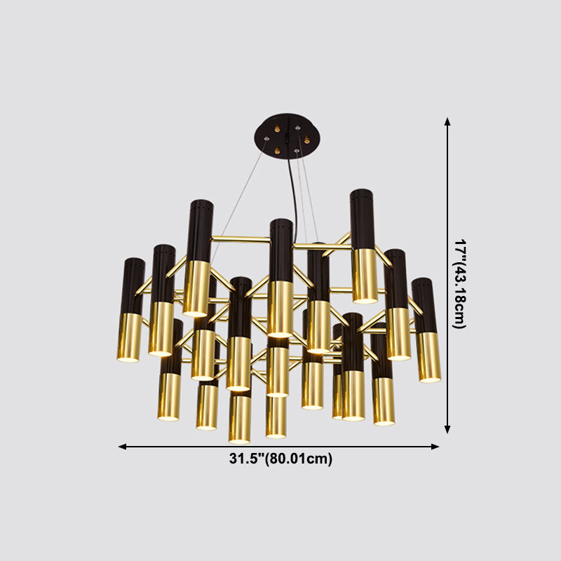 Postmodern Black-Gold Chandelier Metal Tubular Living Room Suspension Light