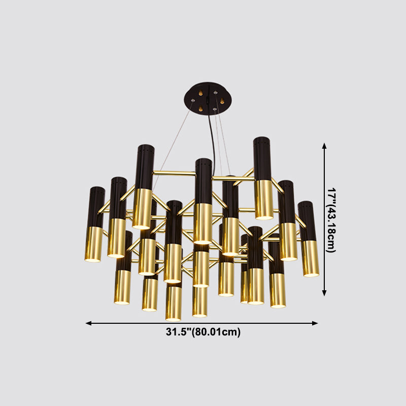 Postmodern Black-Gold Chandelier Metal Tubular Living Room Suspension Light