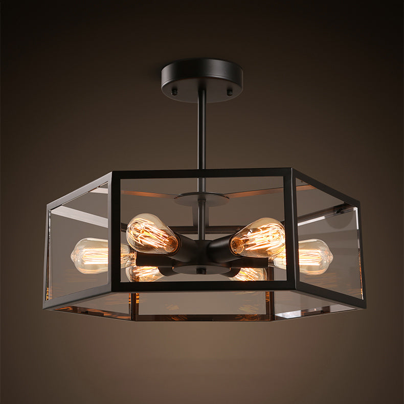 Hexagonal Glass Chandelier Light Fixture Industrial 6 Bulbs Suspension Light in Black