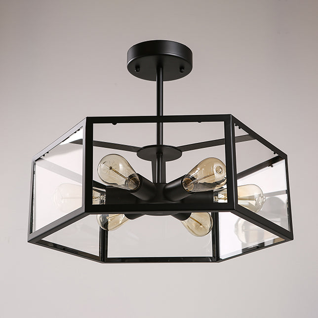 Hexagonal Glass Chandelier Light Fixture Industrial 6 Bulbs Suspension Light in Black